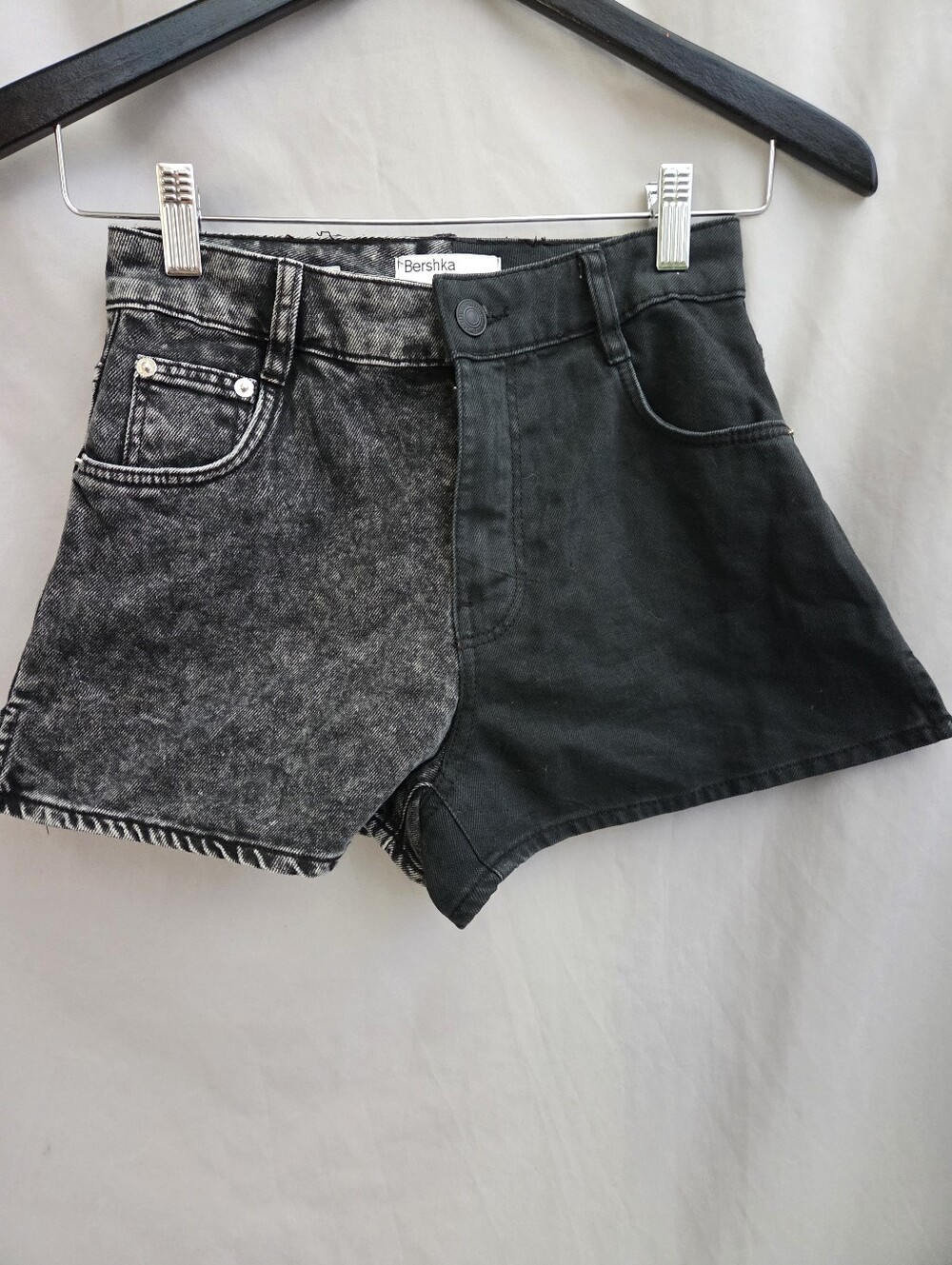 Bershka Women's Two-Tone Black & Charcoal Denim Shorts